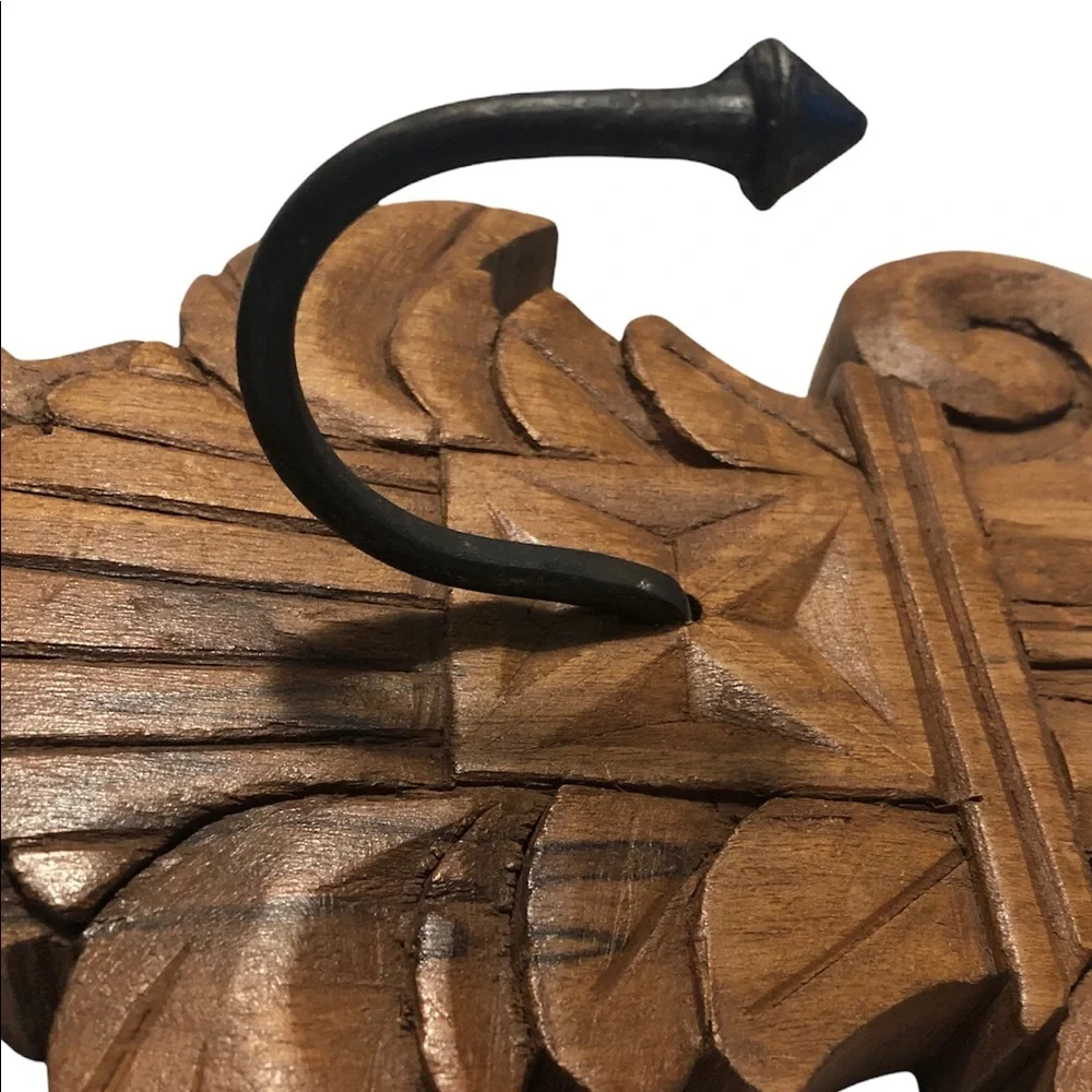 Vintage Rustic Solid Hand Carved Wood Wall Hanging With Hook 14.75”X6.5”